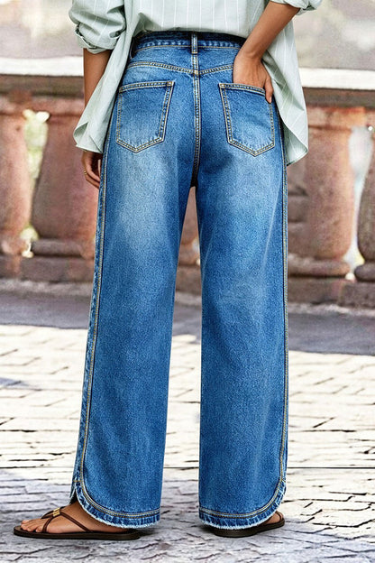 Wash Raw Hem Drawstring Split Mid Waist Wide Leg Jeans