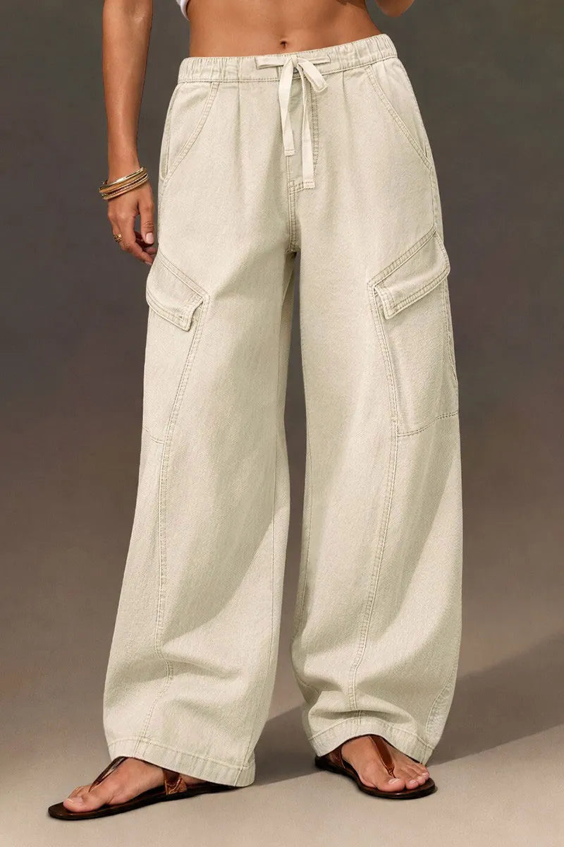 Solid Flap Pocket Drawstring Mid Waist Wide Leg Cargo Pants