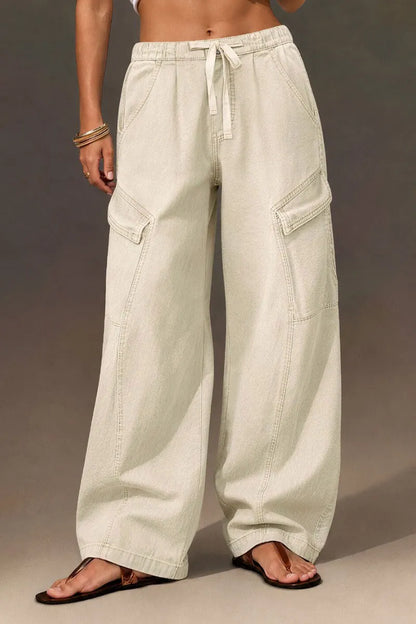 Solid Flap Pocket Drawstring Mid Waist Wide Leg Cargo Pants