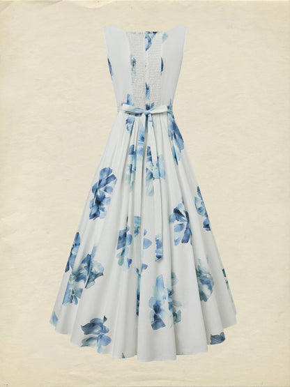 Robe longue en coton, sans manches, col carré, à fleurs, avec poches, vacances, vintage, blanc