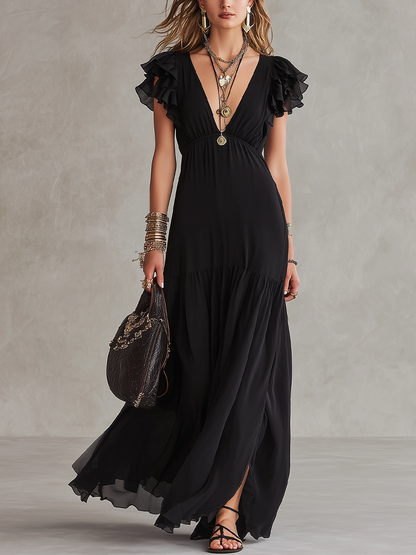Robe longue noire bohème à manches volantées