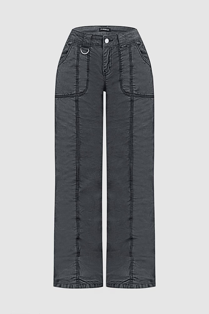 Solid Stitch Detail Mid Rise Straight Leg Cargo Pants Without Belt