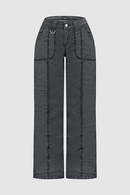 Solid Stitch Detail Mid Rise Straight Leg Cargo Pants Without Belt