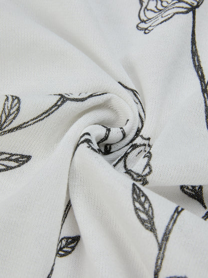 Pull, manches courtes, col châle, floral, boutons décoratifs, gilet intérieur non inclus, blanc