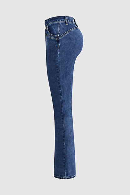 Wash Button Decor High Rise Bootcut Jeans