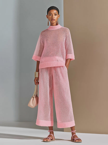 Chic Elegant Pink Mock Neck Half-Sleeve Sweater Wide-Leg Cropped Pants Knit Two-Piece Set