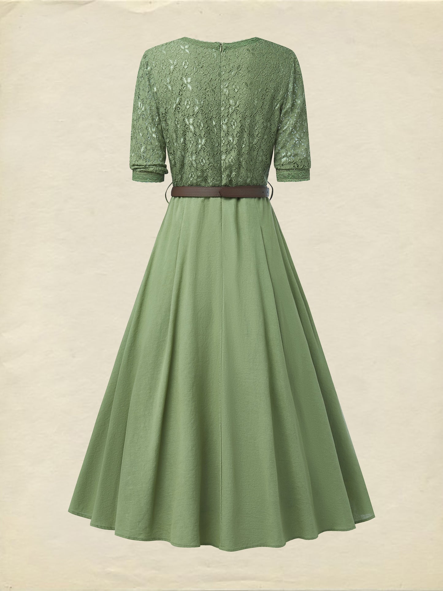 Robe Midi en Lin, Manches Courtes, Col V, Unie, Dentelle, Vintage, Vert Militaire