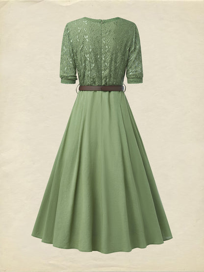 Robe Midi en Lin, Manches Courtes, Col V, Unie, Dentelle, Vintage, Vert Militaire