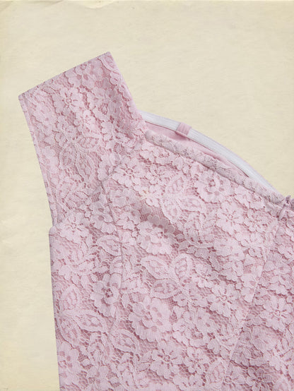 Robe Midi en Coton, sans Manches, Unie, Dentelle, Style Vintage Français, Rose