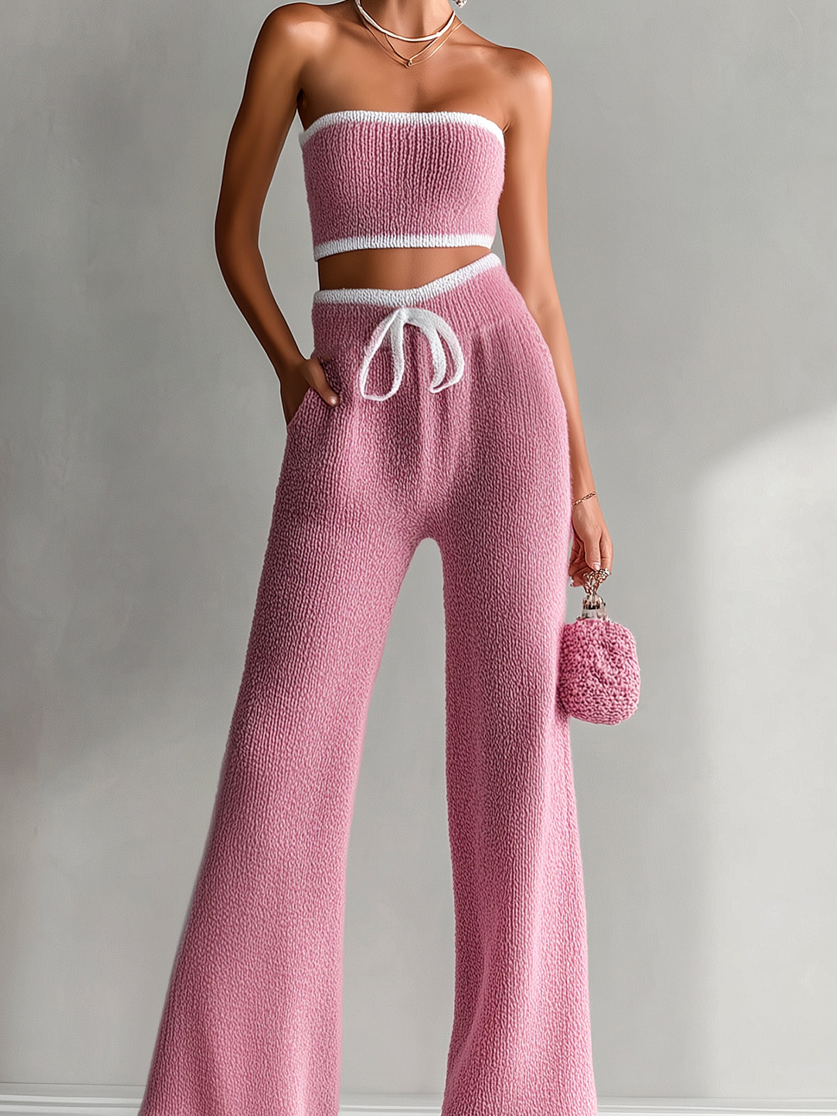 Chic Elegant Pink Contrast Trim Sleeveless Slim-Fit Bandeau High-Waisted Bow Details Wide-Leg Pants Knit Two-Piece Set