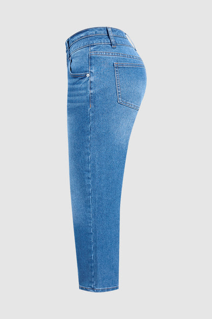 Wash Dual Button Mid Rise Straight Leg Crop Jeans
