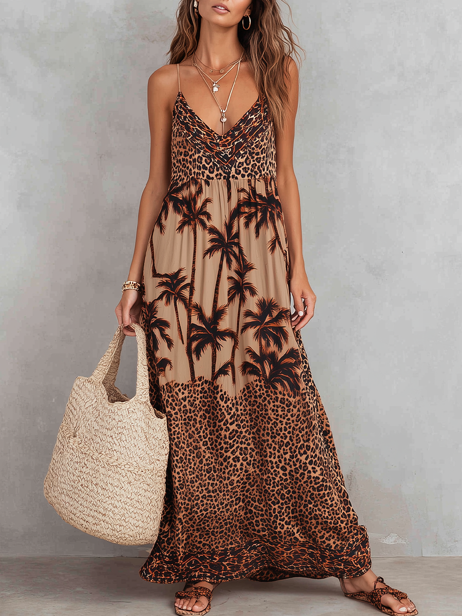 Robe longue à fines bretelles color block avec imprimé léopard tropical et palmiers