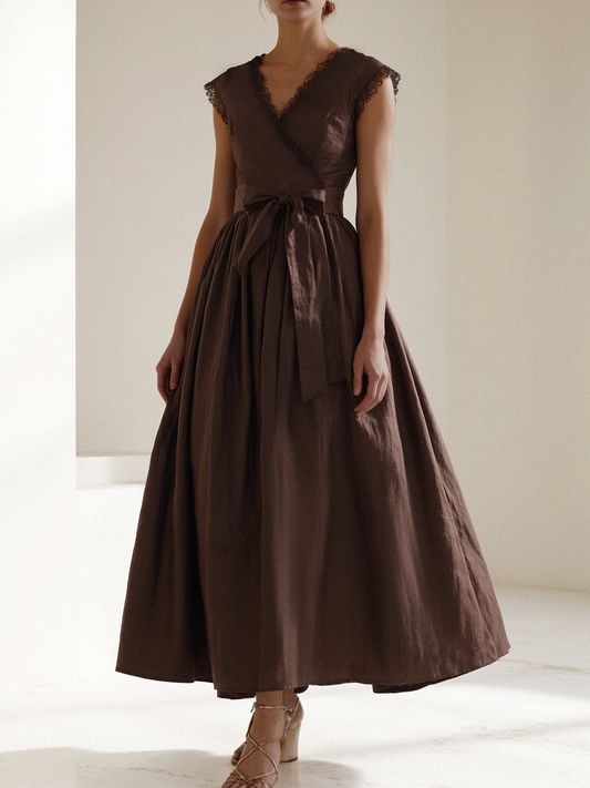 Robe longue en lin, manches courtes, col en dentelle, unie, vintage, BRUN CAMÉE