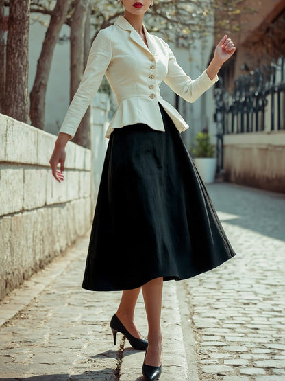 Ensemble jupe mi-longue en lin, manches longues, col à revers, uni, boutonnage, vintage, blanc