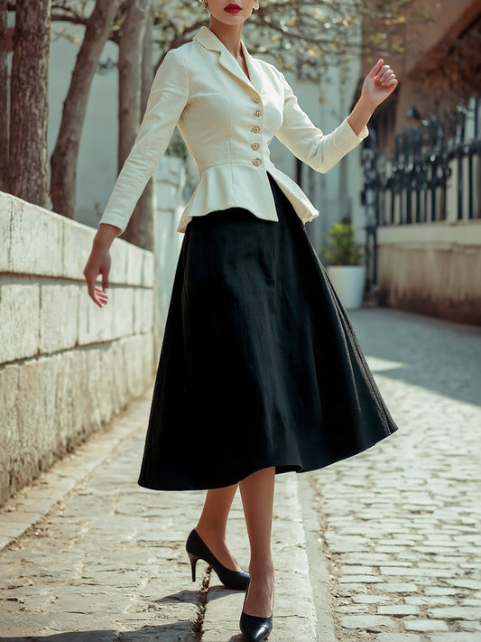 Ensemble jupe mi-longue en lin, manches longues, col à revers, uni, boutonnage, vintage, blanc