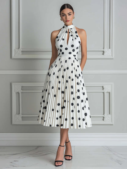 Vintage-Inspired Polka Dot Halter Pleated Midi Dress