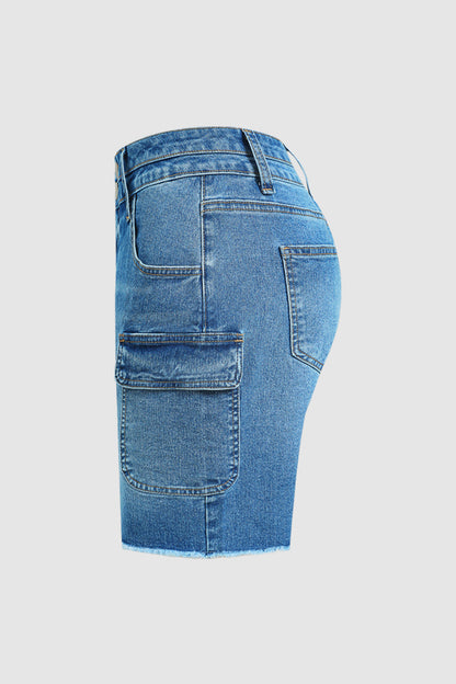 Wash Raw Hem Dual Button Mid Waist Denim Mid Thigh Shorts