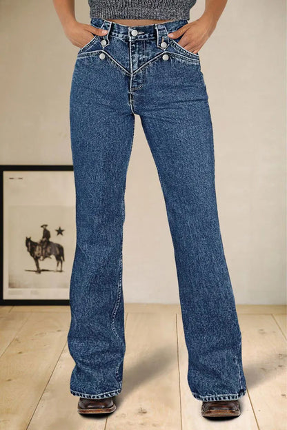 Wash Button Decor High Rise Bootcut Jeans