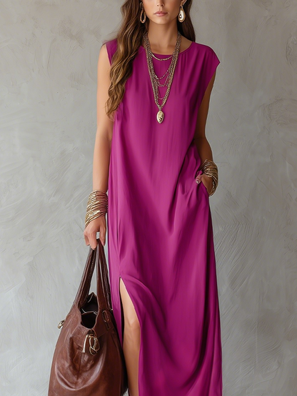 Robe longue sans manches en lin fendue sur le côté rouge violet