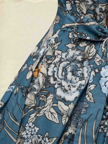 Robe longue en lin, manches longues, col rond, florale, volants, vintage, bleu profond