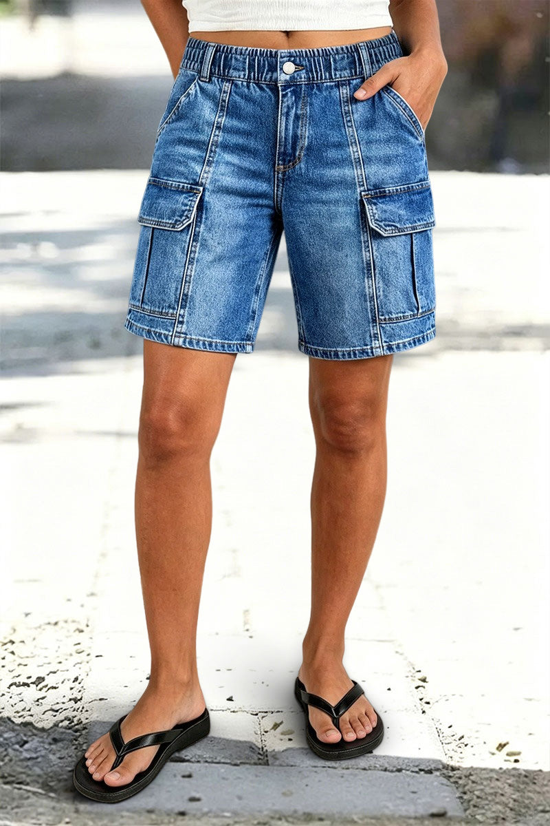 Wash Flap Pocket Seam Front Elastic Mid Rise Mid Thigh Denim Shorts