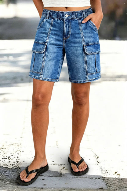 Wash Flap Pocket Seam Front Elastic Mid Rise Mid Thigh Denim Shorts