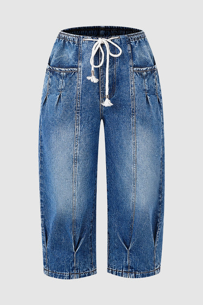 Pleated Drawstring High Waist Barrel Leg Capri Jeans