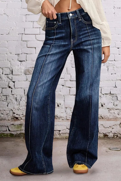 Wash Seam Front Mid Rise Straight Leg Jeans