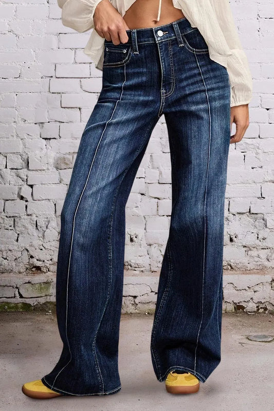 Wash Seam Front Mid Rise Straight Leg Jeans