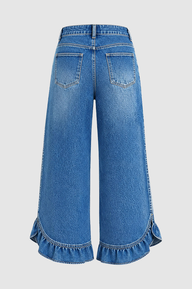 Wash Ruffle Hem Split Mid Waist Wide Leg Jeans