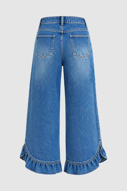 Wash Ruffle Hem Split Mid Waist Wide Leg Jeans