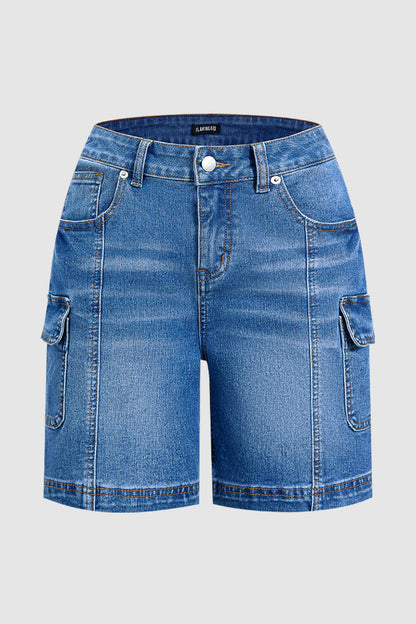 Wash Flap Pocket Seam Front Mid Rise Mid Thigh Denim Shorts Without Belt