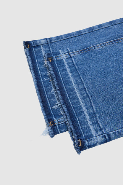 Wash Ripped Raw Hem Mid Rise Straight Leg Crop Jeans