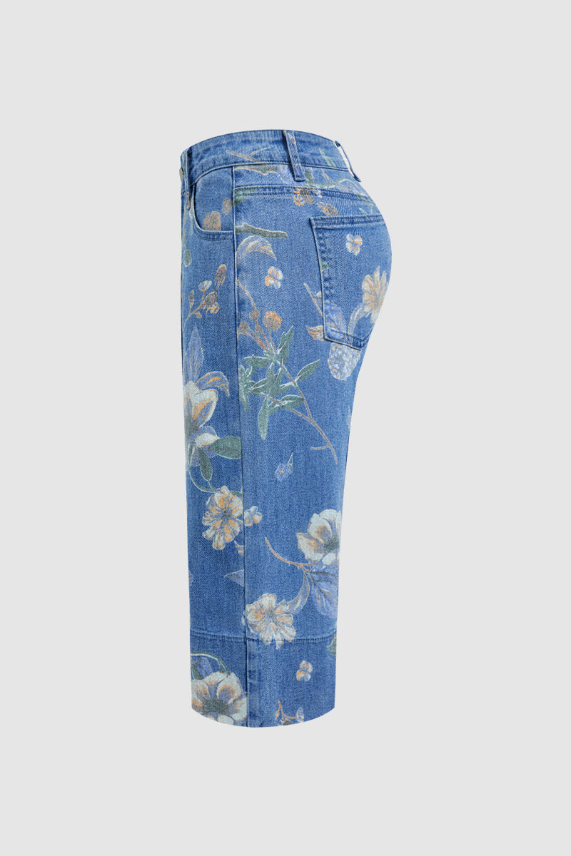 Floral Print Seam Front Mid Waist Denim Bermuda Shorts