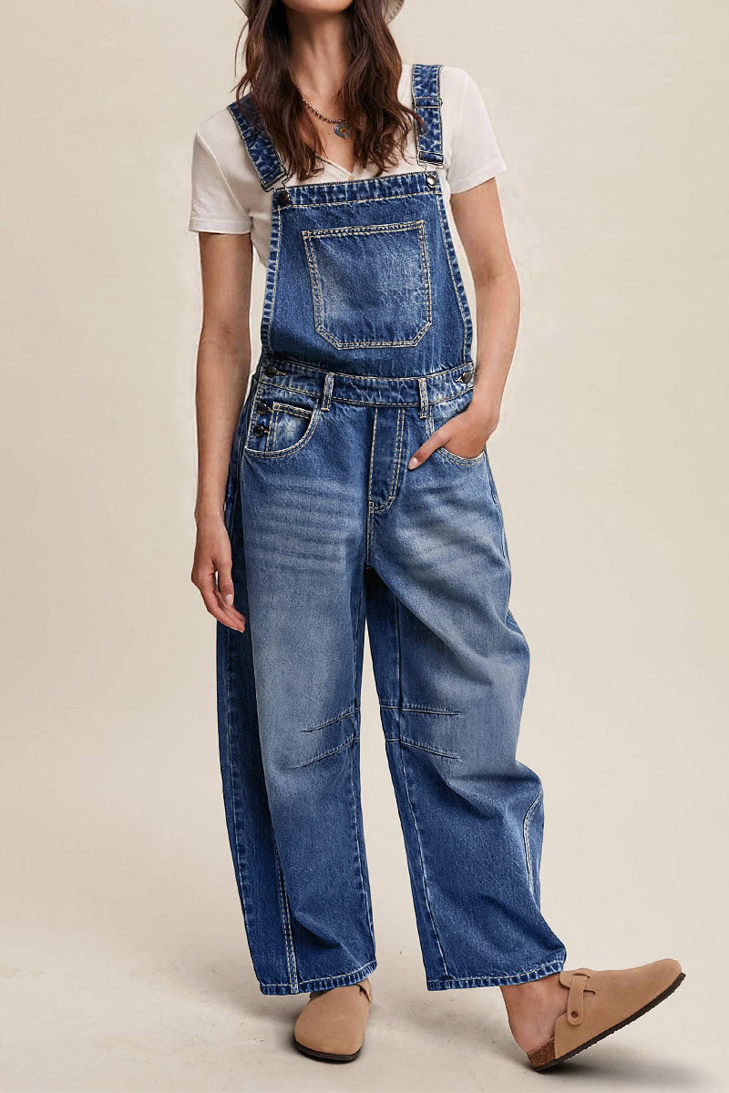 Wash Patch Pocket Stitch Detail Barrel Leg Denim Overalls