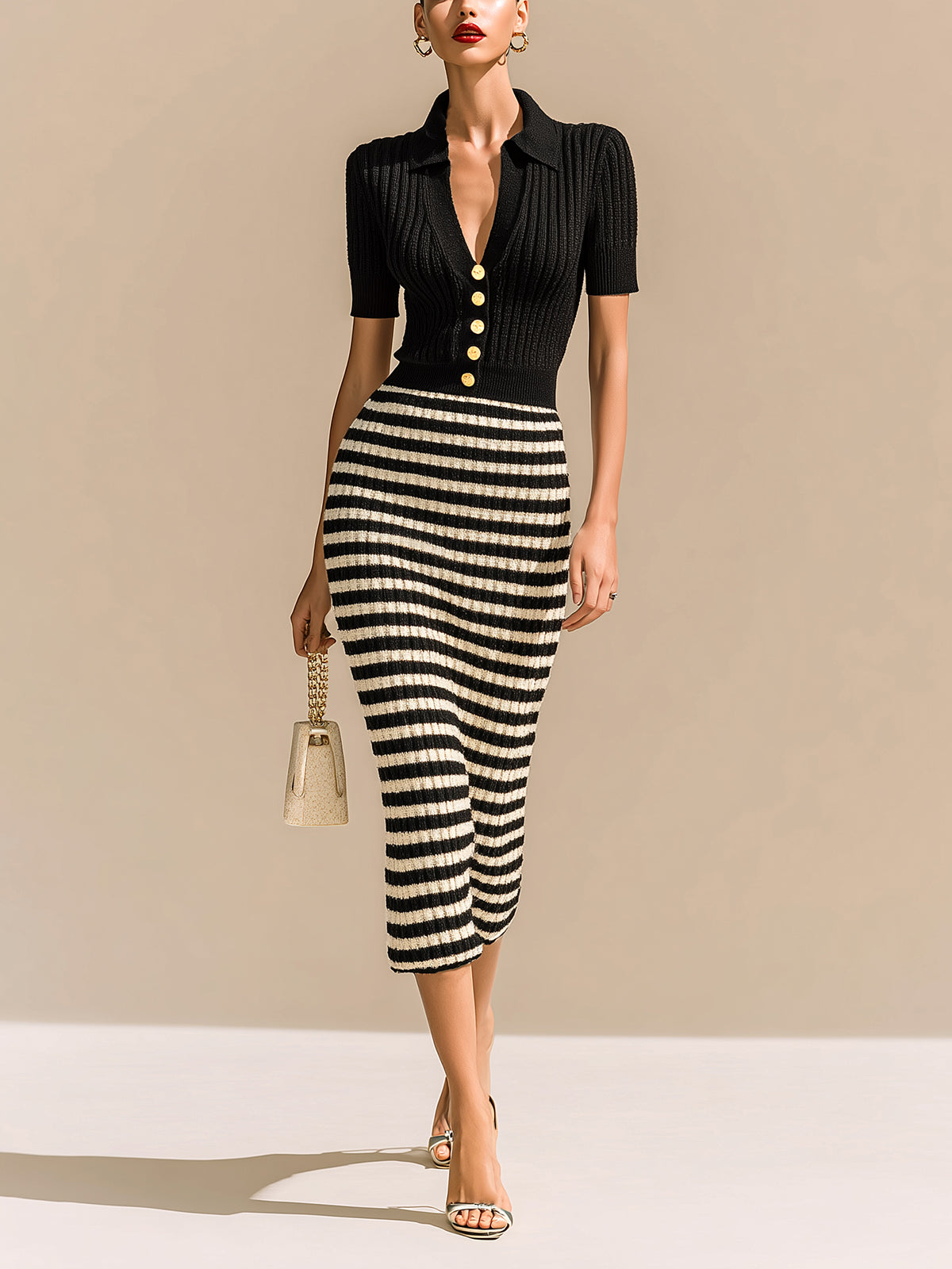 Chic Vintage Black Lapel V-Neck Button-Front Short-Sleeve Sweater And Striped Bodycon Midi Skirt Knit Two-Piece Set