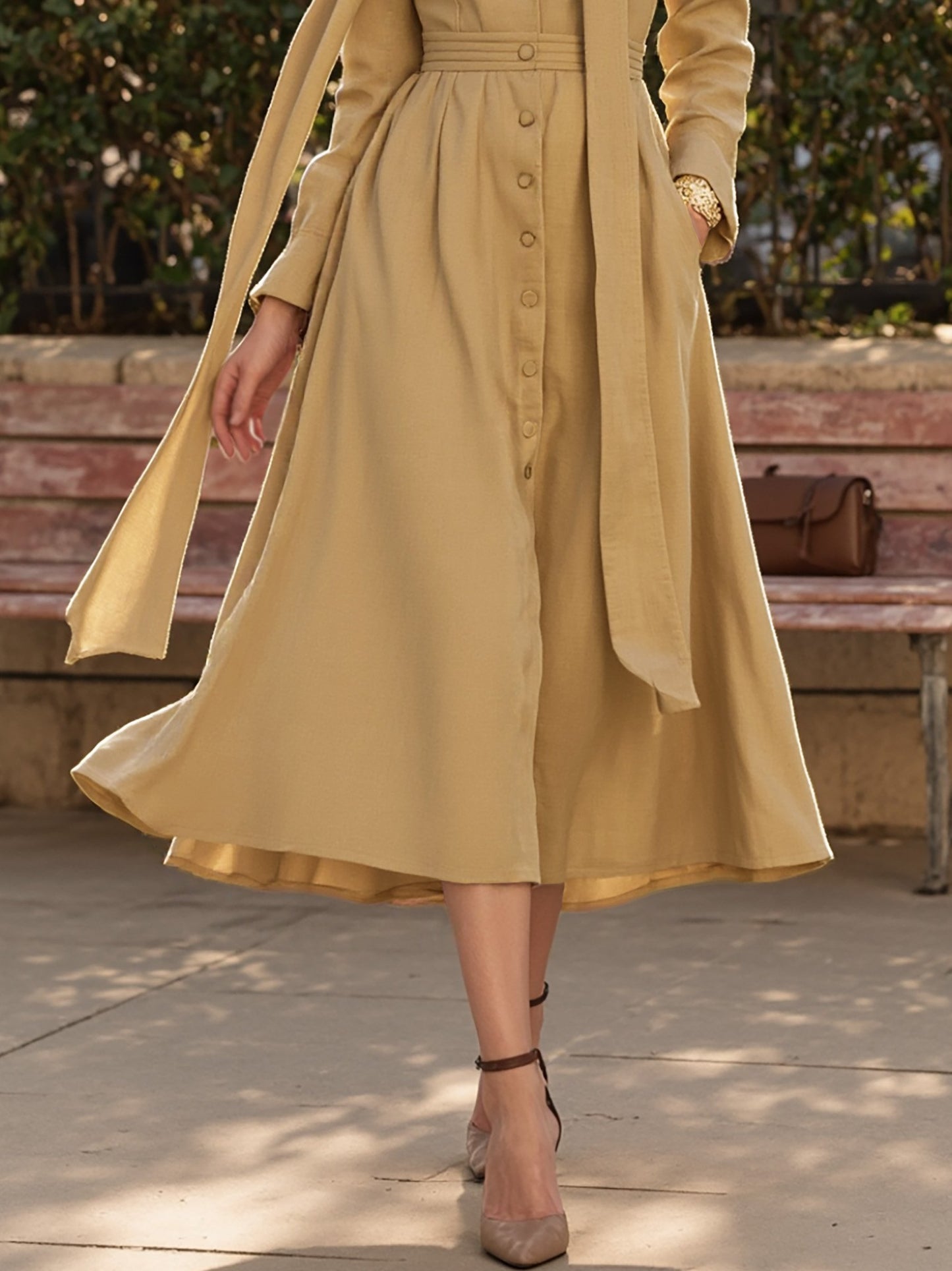 Robe Midi en Coton, Manches Longues, Col V, Unie, Boutonnée, Style Vintage Français, Kaki