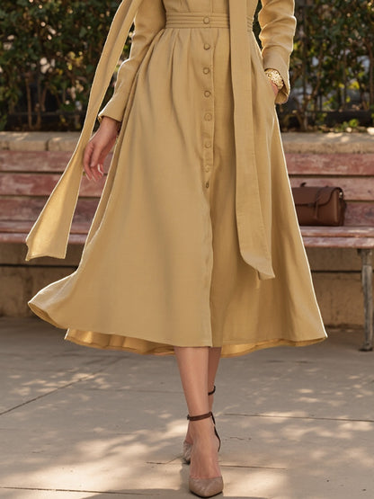 Robe Midi en Coton, Manches Longues, Col V, Unie, Boutonnée, Style Vintage Français, Kaki