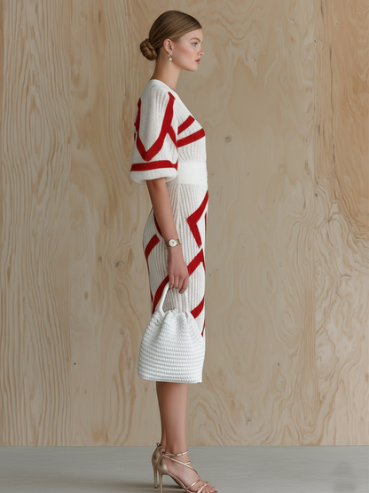 Stylish Elegant White-Red Striped V-neck Short-sleeved Slim-fit Ribbed Knit Midi Dress
