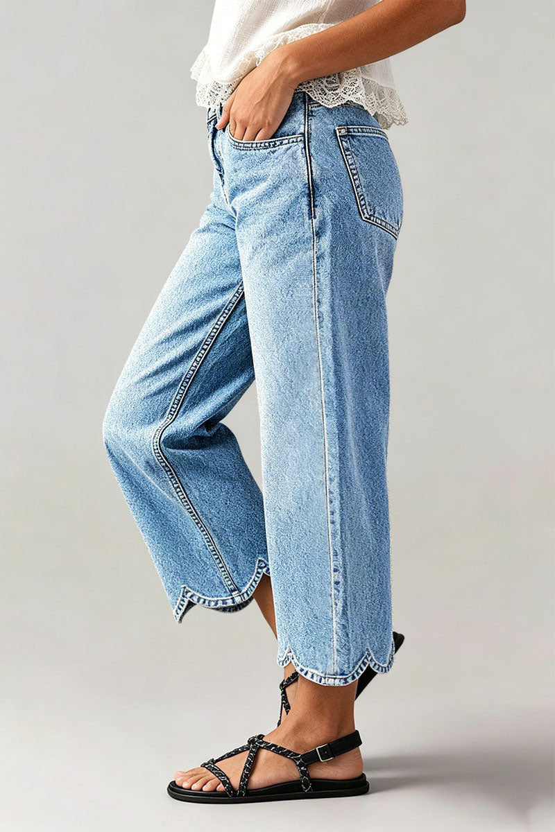 Wash Scallop Hem Mid Waist Straight Leg Crop Jeans