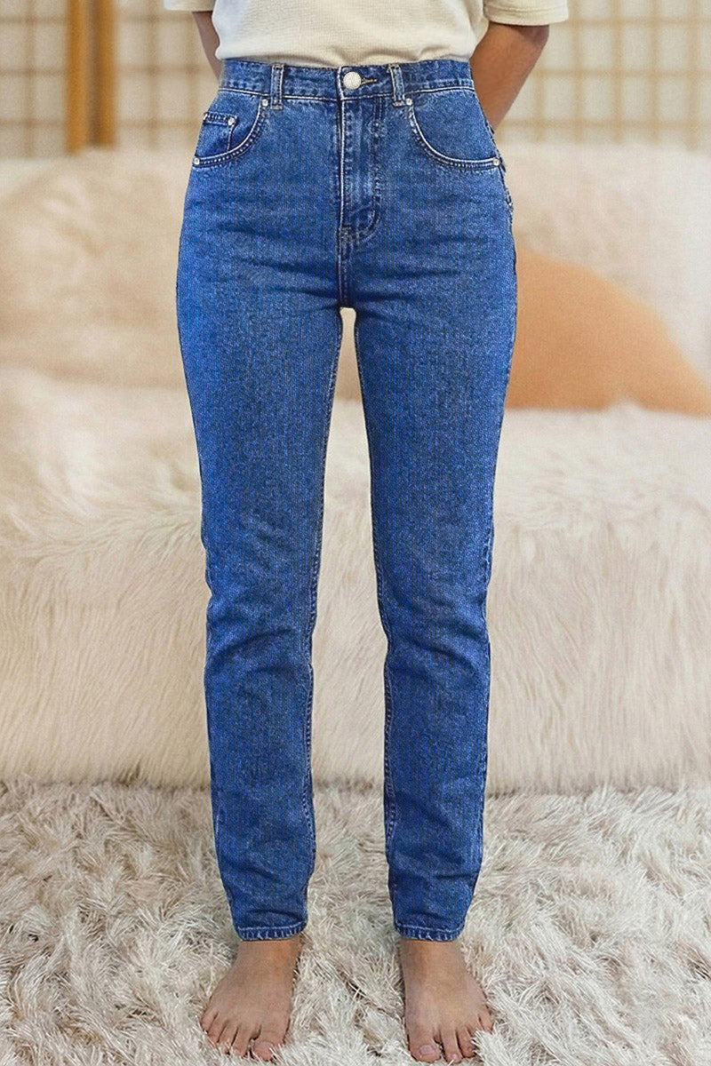 Wash Button Side High Rise Straight Leg Jeans