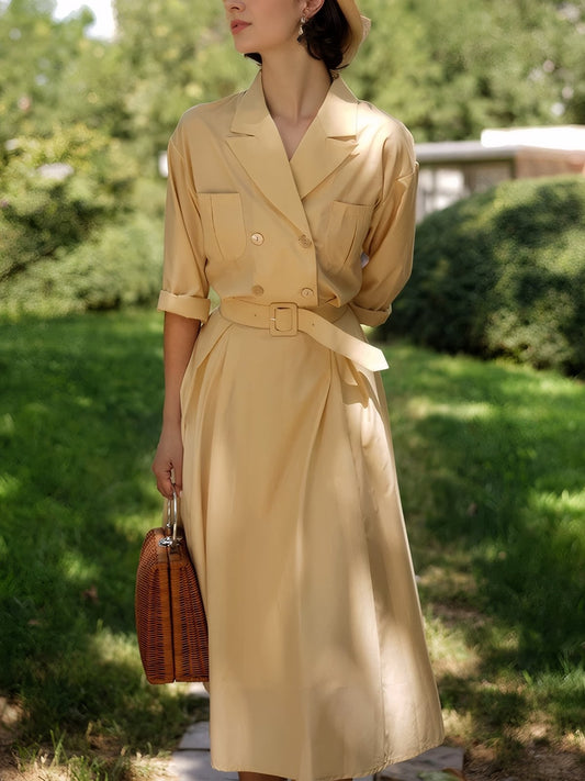 Robe midi boutonnée en coton, Manches courtes, Col à revers, Unie, Vintage, Quotidien, Jaune