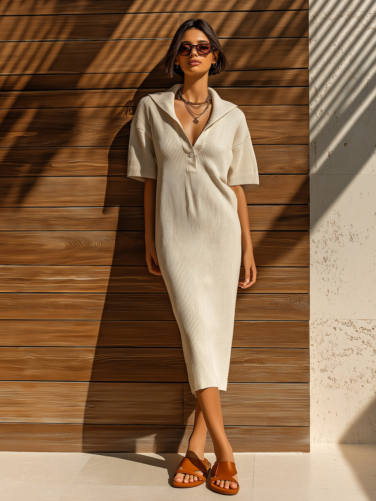 Chic Casual Beige Lapel V-Neck Button Detail Short-Sleeve Oversize Ribbed Knit Midi Dress