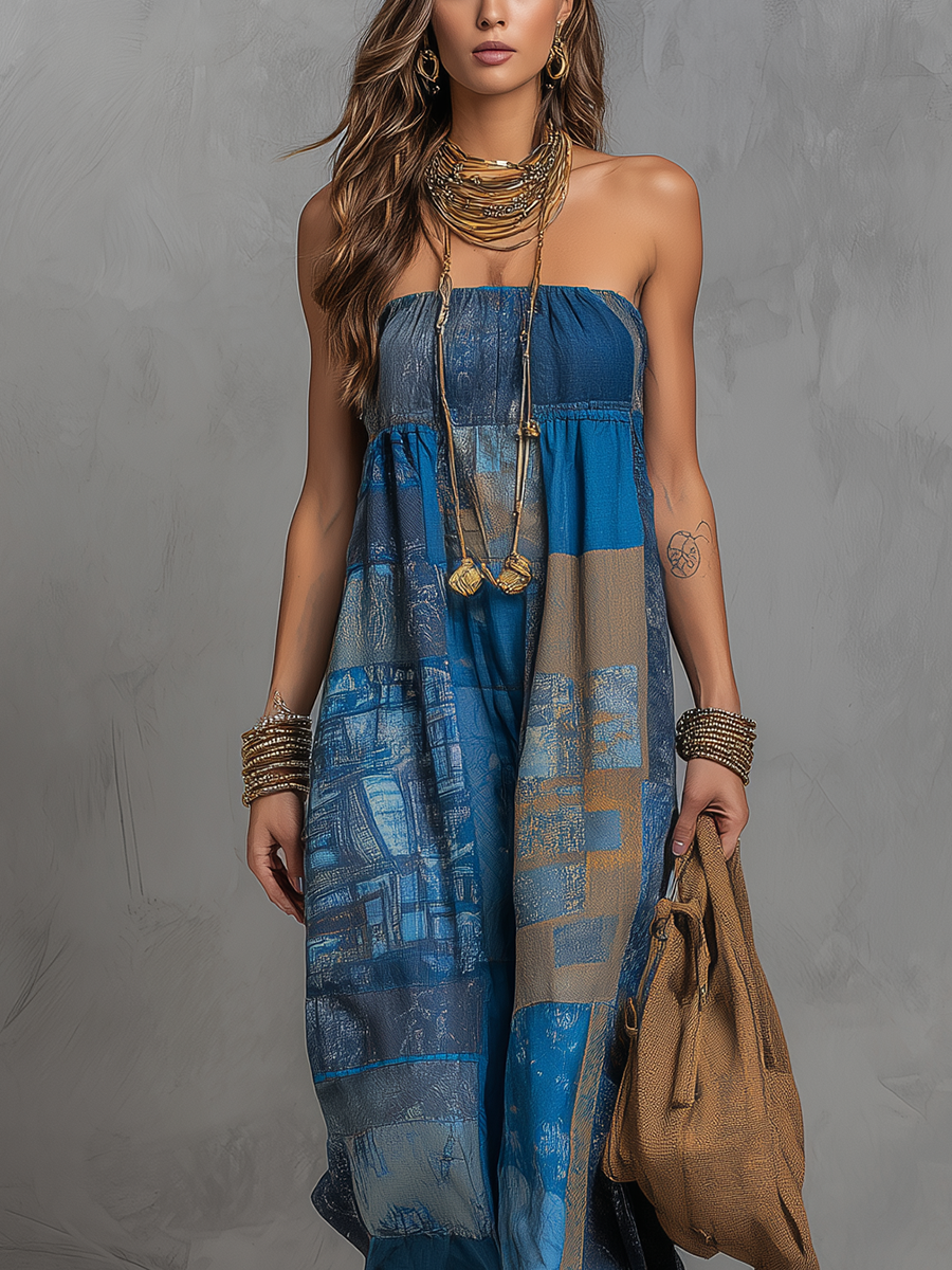 Robe longue bustier imprimé floral bleu bohème