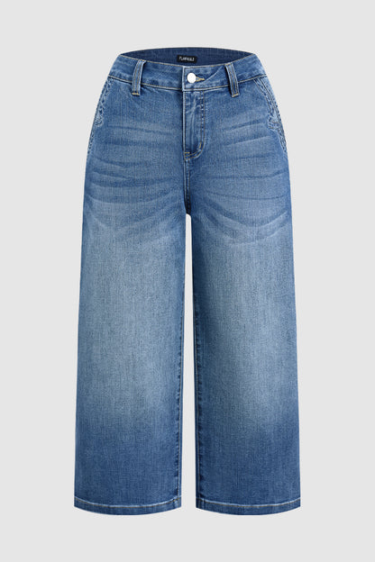 Wash Stitch Detail Mid Waist Wide Leg Capri Jeans Without Belt