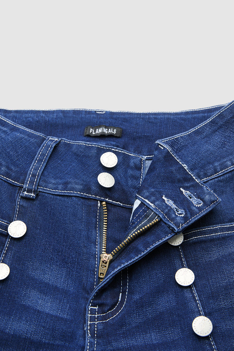 Wash Sailor Button Patch Pocket Mid Rise Bootcut Jeans