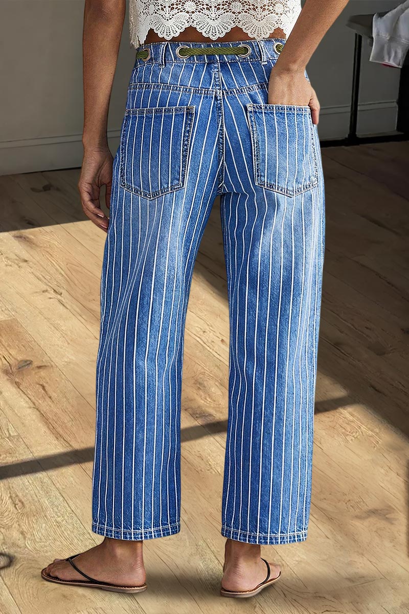 Pinstripe Drawstring Patched Pocket High Waist Straight Leg Crop Jeans