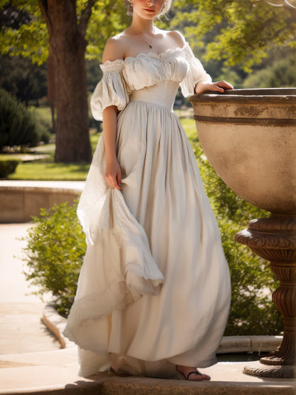 Robe longue en lin, Manches courtes, Épaules dénudées, Unie, Vintage, Quotidien, Blanc