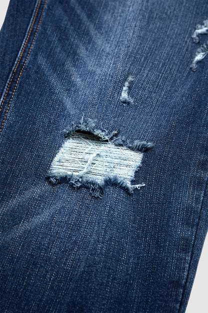 Wash Ripped Raw Hem Straight Leg Mid Rise Crop Jeans