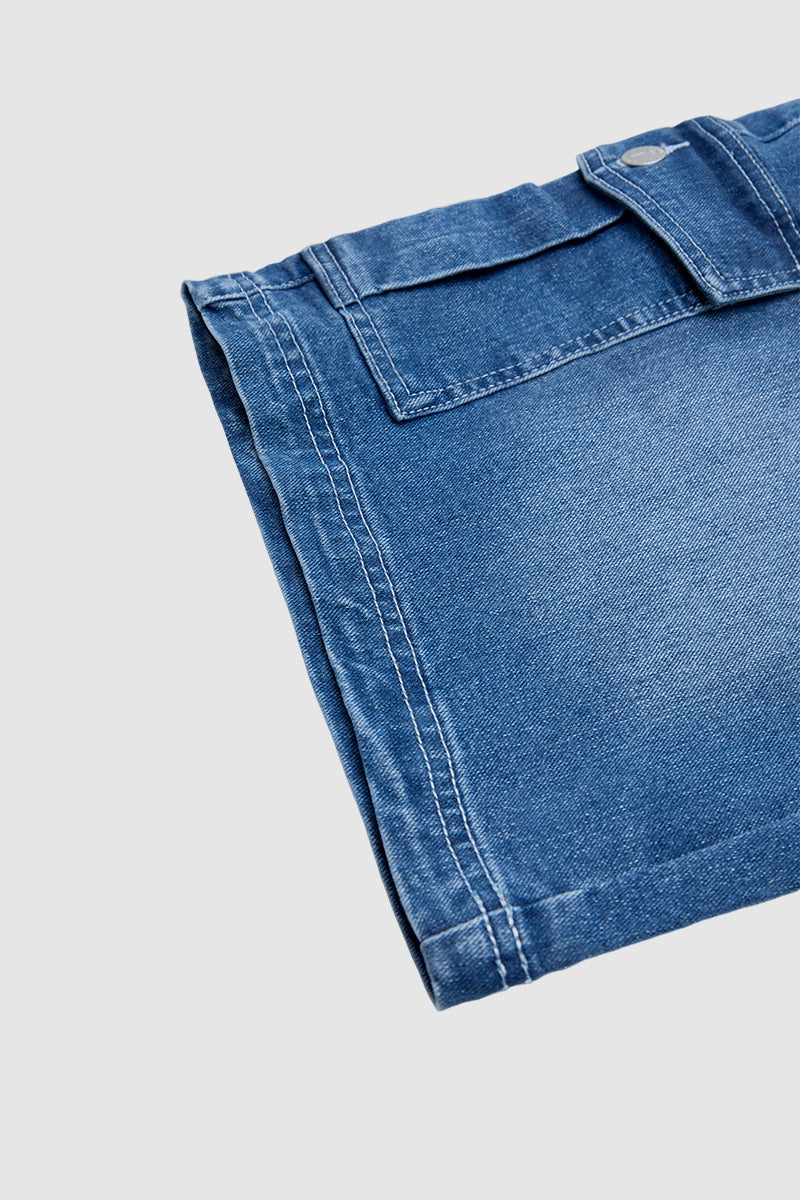 Wash Flap Pocket Dual Button Mid Rise Cargo Denim Bermuda Shorts